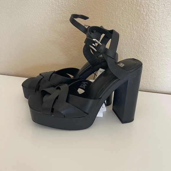 NEW Zara 100% cow leather platform heeled sandals - Picture 7 of 9